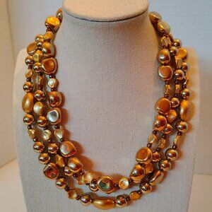 Vintage 3 Strand Chunky Nugget Gold Tone Bead Adjustable Mid Century Necklace